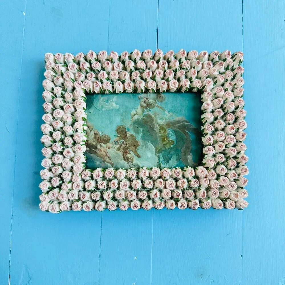 Vintage Pink Rosebud Porcelain Picture Frame Romantic Cottagecore Victorian